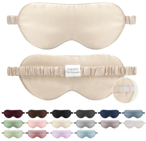 SILKTALE Schlafmaske Seide für Herren Frauen,19 Momme 100% Maulbeerseide Augenmaske für Seitenschläfer, Lichtblockierende Seiden Schlafbrille mit Verstellbares Gummiband für Reisen,Beige