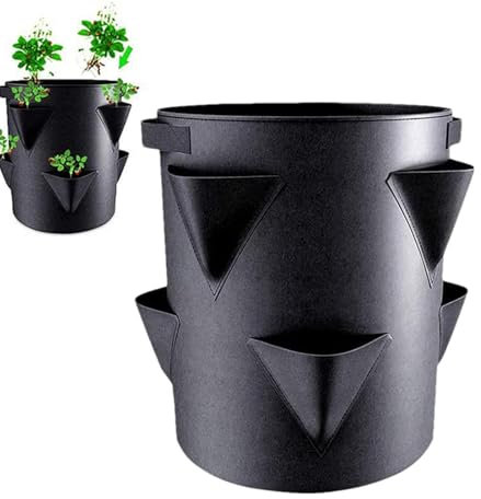 Generisch Saco para plantas de patatas de 27 litros: con 6 bolsillos laterales para el jardín, bolsa para plantas al aire libre, patio interior portátil y transpirable de tela no tejida (negro, 7