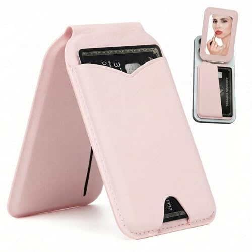 BoltSafe Mag-Safe Wallet with Mirror & Stand, Strong Magnetic Hold, RFID Blocking Card Holder, Magnetic Card Wallet for Mag-Safe iPhones, Slim MagSafe Accessory for iPhone case. (Baby Pink)