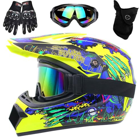 Casco de Motocicleta con CertificacióN Dot, Casco Integral para Motocross para NiñOs, JóVenes Y Adultos, con MáScara, Gafas Y Guantes(Yellow Claw,L(56-57cm))