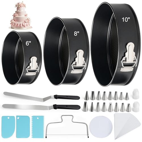 WERTIOO 138pcs Springform Cake Pan Sets for Baking with Cake Decorating Kit, 3 Round Non-Stick Springform Pan Set (6, 8, 10 inches), Leak-Proof Cheesecake Pan with Icing Tips, Cake Leveler & eBook