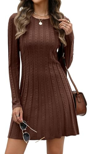 Hotouch Abito in maglia da donna elegante, maglione lavorato a maglia a maniche lunghe, pullover invernale a girocollo, abito a tubino, a linea, midi, da cocktail, marrone, XXL