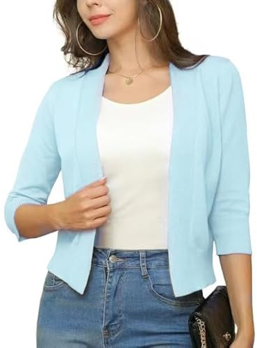 Generisch Damen Strickjacke 3/4 Arm Bolero Jacke Casual Einfarbig Strickjacken Vorne Offen Kurz Sommer Elegant Festlich Shrug Schulterjacke Oberbekleidung Hellblau S
