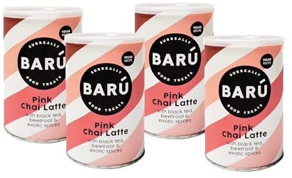 Barú Pink Chai Latte – Pack de 4 x 250 g – Préparation instantanée au thé noir, épices & betterave – Vegan, naturel, sans arômes artificiels – 48 tasses – Fait main en Belgique