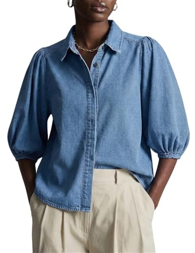 YEXPINE Women's Puff Sleeve Denim Shirt Button Down Lightweight Casual Jean Blouses Blue