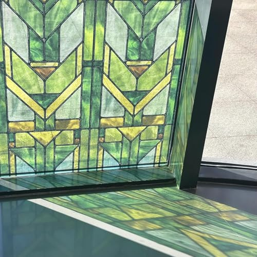 Faux Stained Glass Effect Transparent Window Film, Original Hand Dawn Static Cling Home Decal Inspired by Frank Lioyd Wright, 11.02 x55.12 Hollyhock House, Green