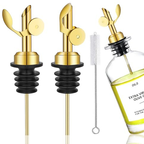 Xuduvay 2 Becs Verseurs Automatiques Dorés pour Bouteilles - Distributeur de Vin, Huile et Spiritueux avec Brosse de Nettoyage - Mécanisme Autobloquant Anti-Gouttes (dorés)