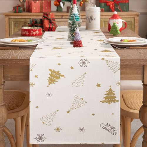 LRartdeco Weihnachte Tischläufer Goldene Baumschmuck Weiße Dekoration Weihnachtsdeko Innen Modern Läufer Tisch Dekor Tischsets Weihnachtsläufer Tischdecke für Anrichte Party Küchentisch 40 x 140 cm