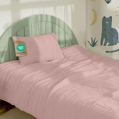 Dreamzie Kinderbettwäsche 100x135 cm + Kissenbezug 40x60 - Musselin Bettwäsche aus 100% Baumwolle, Oeko-TEX Zertifiziert, atmungsaktiv & hautfreundlich - Rosa