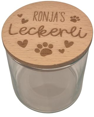 Generisch Personalisierte Glas Leckerli-Dose für Hunde, Holzdeckel mit Gravur, Aufbewahrungsbehälter für Hundeleckereien