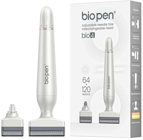 P-Beauty Derma Stamp Pen BIO4 – mikroneedling-enhet – dermapen med 2 tillbehör 64 och 120 nålar, justerbart nåldjup 0–3 mm – mesoroller för veck, ärr, porer, anti-åldring, celluliter, anti-åldrande