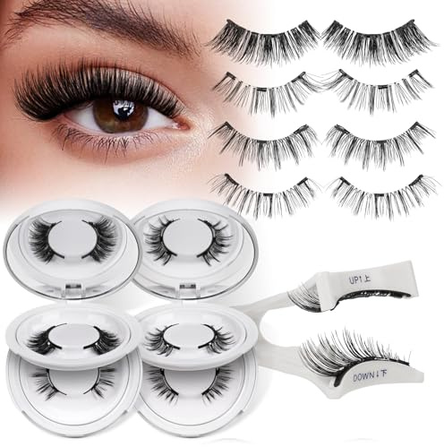 QUEWEL Magnetic Eyelashes 4 Pair Reusable Magnetic Eyelashes with Applicator No Glue Needed Eyelashes Natural Look Lash Clusters Kit Easy to Wear and Remove(4 Pairs-B05)