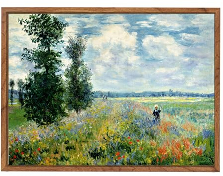 Argenteuil Mohnfeld Monet Leinwand Bilder Mit Rahmen Klassische Bunte Blumenfelder Bild Auf Leinwand Retro grüne Felder Landschaft Wandbilder Zuhause Wanddeko für Wohnzimmer Schlafzimmer Büro 40x60cm