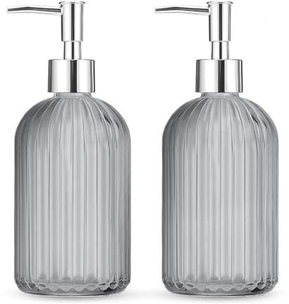2 Pack Glass Soap Dispenser Bottle with Pump,14 Oz Clear Glass Jar Soap Liquid Hand Soap Dispenser, Refillable Liquid Hand Jar Dispenser for Bathroom, Countertop, Kitchen, Laundry Room (Grey)