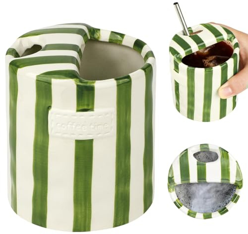 Frizlryem Kaffeetasse Keramik, Coffee Cup aus Porzellan, handbemalter grün-weiß gestreifter Kaffeebecher Keramik, Retro Kaffeebecher ohne Henkel, Geburtstagsgeschenk für Kaffee- und Milchteeliebhaber