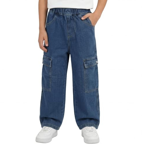 Tokeya Jeans Baggy Garçon Taille Élastique Cargo Pantalon en Denim 7-15 Ans | Multiples Poches, Loose Fit, Jambes Larges, Enfants Décontracté Cargo Jean, Mode Streetwear Outdooor Casual Pantalons