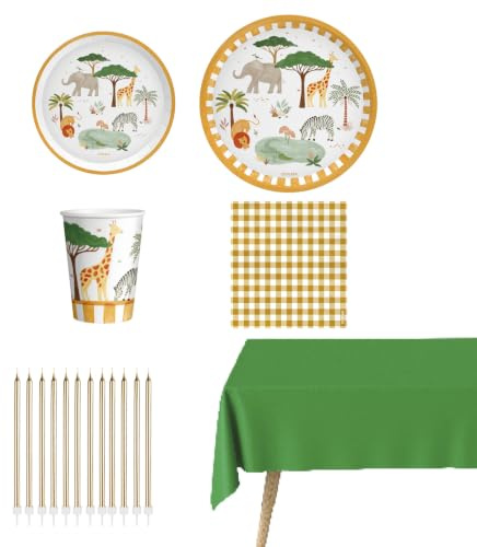 OH YEAH - Kit Vajilla Desechable Safari Fiesta de Cumpleaños 12 Personas - 78 Piezas - Platos, Vasos, y Servilletas Desechables - Decoración Vajilla Cumpleaños Infantil Temático - Kit Mesa