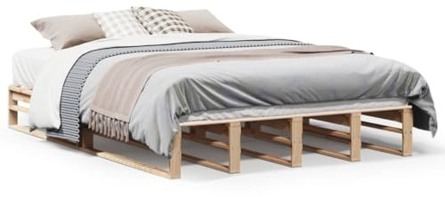 Foknhdi Massivholzbett 135x190 cm, Stabiles Bettgestell aus unbehandeltem Kiefernholz, Rustikaler Bettrahmen mit inklusivem Lattenrost, Modernes Design für das Schlafzimmer