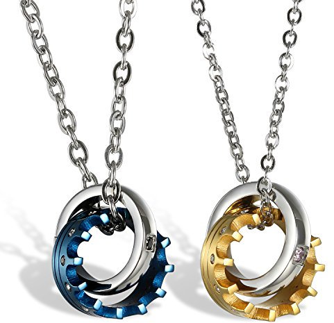 JewelryWe Valentinstag Schmuck 2 Freundschaftsketten Krone Ring Edelstahl Partner Anhänger mit 45cm und 54cm Kette, Halskette für Damen & Herren, Gold Blau Silber, kostenlos Gravur