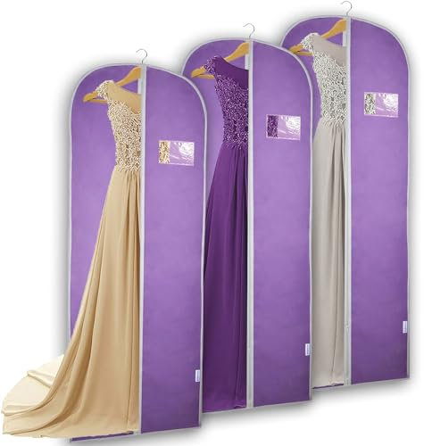 Dress Bags Covers Long, Pack of 3 Lilac Garment Bags, 63 Long Dress Covers Garment Bags with Zip, Breathable Dustproof Clothes Cover Protector Bags, Full Length Dress Bags for Storage and Travel