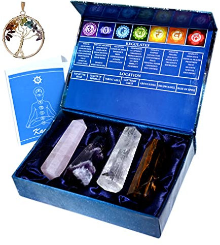 KACHVI Set di bacchette di cristallo curative Guarigione Reiki per buona fortuna Guarigione Rosa, Quarzo trasparente, Ametista, Occhio di tigre Matita Chakra con 6 facce Set 4 pezzi