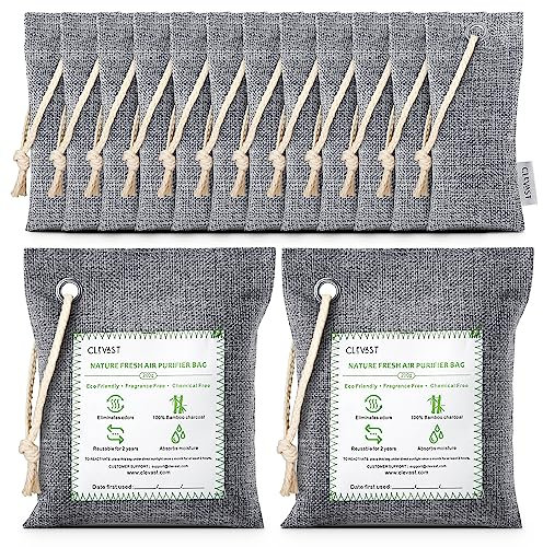 CLEVAST Luftreinigungsbeutel aus Bambuskohle (50g*12+200g*2), aktivierter natürlicher Geruchsabsorber, Desodorierer und Feuchtigkeitsbeseitiger,Luftreiniger für Schrank, Schuh, Auto Lufterfrischer