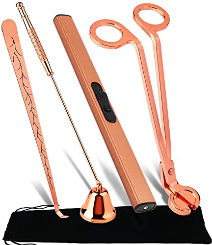 STATABSTA 4-in-1-Kerzenlöscher, Kerzendochtschneider, Dochtschneider, schwarz und elektrisches Kerzenanzünder, Kerzendocht-Zubehör mit tragbarer Tasche für Geschenke, Kerzenliebhaber (Roségold)