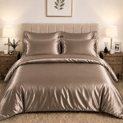 CHARKHAH Satin Silk 6 Piece Complete Bedding Set Durable Silky Fabric with Single Double King Size Bed Fitted Sheet Duvet Cover Comforter and 4 Pillow Cases (Single, Mink)