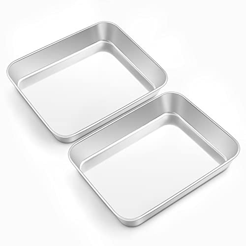 Onader Mini Oven Baking Tray Set of 2, Deep Cake Tin Stainless Steel Baking Sheet Pans, Perfect for Rectangle Cake Lasagne Cookie Pizza, Flat Surface & Brushed Finished, Dishwasher Safe, 23x17x5cm