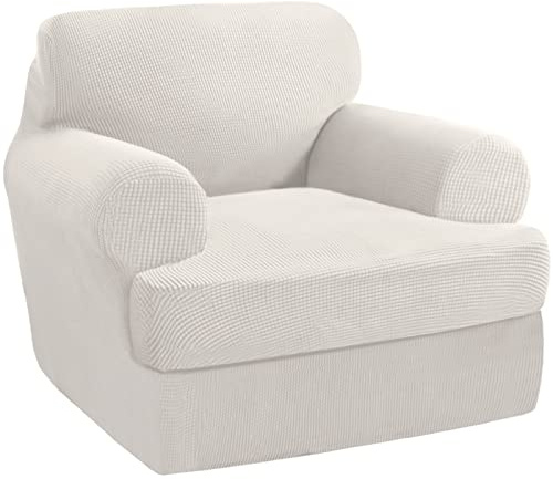 PrinceDeco 2 Pieces Armchair Slipcover Stretch Couch Covers for T Cushion Chair Slipcovers Soft Arm Chiar Cover Furniture Covers with 1 Individual T Shape Seat Covers Width Up to 40, Ivory