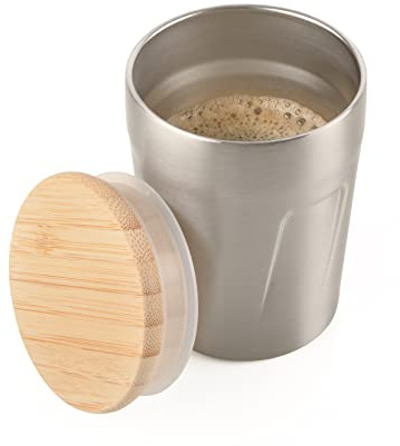 Troika Taza térmica con tapa para bebidas calientes de acero inoxidable y bambú, color plateado y marrón, 160 ml, CUP75/ST