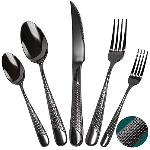 Schwarz Premium Besteck Set 6 Personen, 30-Teiliges Unique Gehämmertes Edelstahl Besteckset mit Steakmesser, Tafelgabeln, Salatgabeln, Esslöffel, Dessertlöffel, Spülmaschinenfest