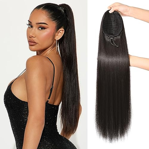 REECHO Synthetischer Pferdeschwanz - 71 cm Langes Gerades Kordelzug Haarverlängerung - Schwarz Braun