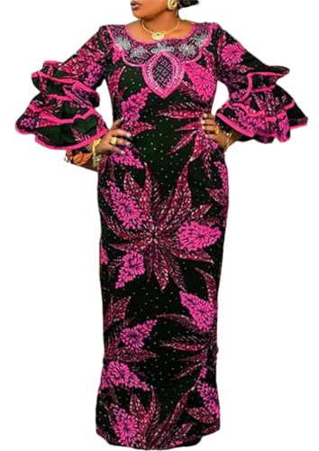 Adhdyuud Vestidos africanos para mujer, vestido largo con estampado Dashiki Ankara, vestido musulmán, boda, fiesta, vestido largo, fucsia, XXL