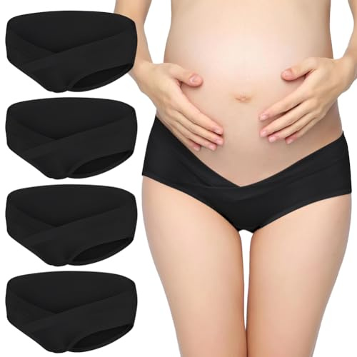 ACWOO Women's Maternity Knickers, 4PCS Soft Cotton Pregnancy Panties, Stretchable & Breathable Pregnancy Postpartum Underwear, V -Shape Low Waist Under The Bump Maternity Knickers Bikini Pants