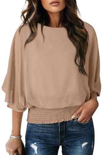 Dokotoo Womens Blouses Dressy Casual Flutter Ruffle Batwing Sleeve Tops Summer Spring Chiffon Blouses Boho Fancy Formal Poncho Tops Business Work Office Clothes Trendy Outfits Khaki XL