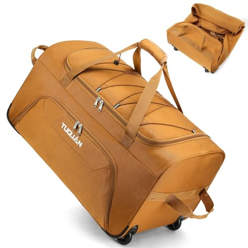 TUGUAN Borsone con Ruote da Viaggio 110 Litri Valigia Morbida Borsa da Viaggio Pieghevole con Ruote 71 cm per Sport Campeggio Bagaglio a Mano Duffel Bag, Marrone