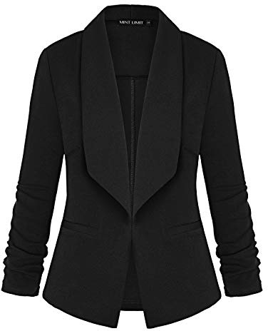 MINTLIMIT Womens Blazer Work Jacket Long Ruched Sleeve Open Front Casual Office Blazers(Black M)