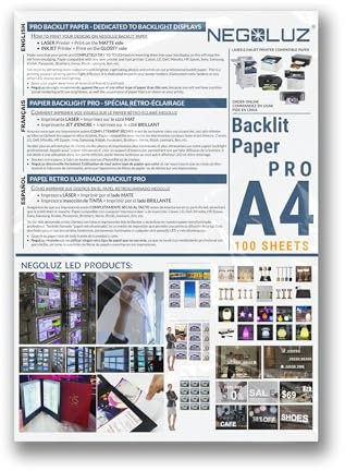 Papier Backlight A4 Rétroéclairé PRO 100 Feuilles pour Porte affiche Vitrine LED et Porte Menu Lumineux. Papier Spécial rétro éclairage NegoLuz ® pour professionnel compatible avec toute imprimante
