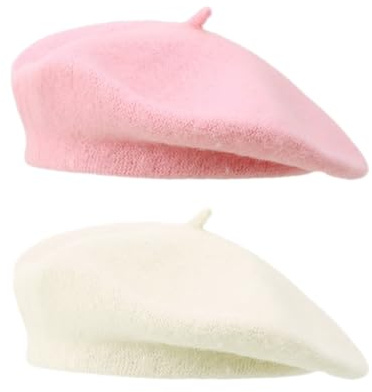 TRADERPLUS Baskenmütze, 2-teilig, Damen, Baskenmütze, französische Wolle, einfarbig, Rosa + Weiß, One size