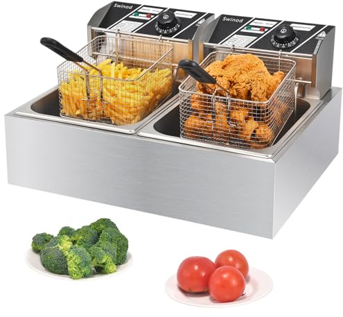 Commercial Deep Fryer with Baskets, 3400W 12.7QT/12L Thickened Stainless Steel Countertop Electric Oil Fryer, Large Capacity with Temperature Control