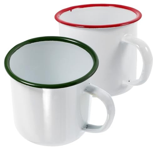 NUOBESTY 2pcs Small Enamel Water Cups Colored Rim, White Enamel Coffee Mugs for Camping and Home Use, Sturdy Handle Milk and Juice Mugs, 8cm Vintage Style