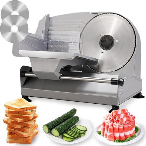 200w Meat Slicer Machine For Home, Meat Cutter With 2 * 19cm Stainless Steel Blades, 0-20mm Adjustable Thickness Deli Food Bread Slicer, Easy To Clean With Safety Switch, For Meat, Cheese gray