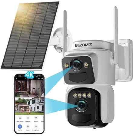 BEZOMIZ 4K Telecamera Wi-Fi Esterno Senza Fili Solare con Doppia Lente, 360° PTZ Videocamera Sorveglianza Esterno, Rilevamento Umano, Sirena, Visione Notturna a Colori, 2 Vie Audio, IP66