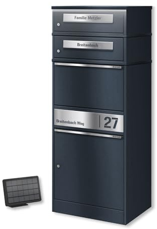 Metzler cassetta postale pacchi doppia unità con illuminazione LED solare e incisione personalizzata acciaio inox RAL 7016 grigio antracite resistente intemperie design moderno 10 anni ricambi Metzler