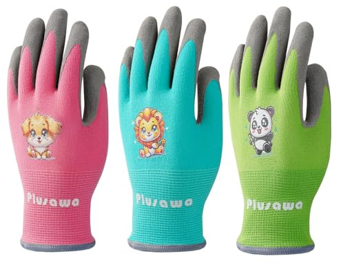Plusawa barnhandskar, anti-skärning, nylon + spandex handskkärna, halkfri och reptålig, bekväm och andas. Lämplig för barn utomhusaktiviteter, 3 par förpackningar, L