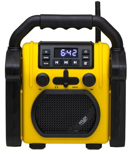 Adler AD 1911 - Radio de chantier avec Bluetooth V 5.1, Dual Power (batterie et secteur), protection IPX54 contre la poussière et l'eau, prise AUX et casque, design robuste, 10 W, jaune/noir