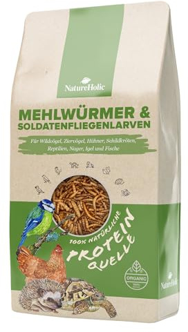 Mehlwürmer & Soldatenfliegenlarven getrocknet | Proteinreiches Futter Vögel, Entenfutter, Nager, Igel, Eichhörnchen, Vogelfutter, Wildvögel Huhn, Reptil | Natürliches Insektensnack (1380g)