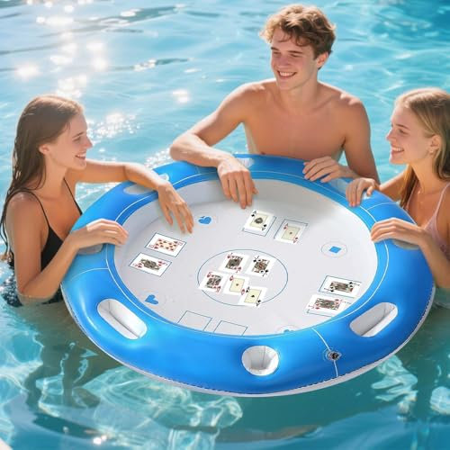 ROCKYGFI Mesa de juegos flotante grande para piscina con cartas de juego impermeables, barra inflable para adultos, bandeja de bañera de hidromasaje con soporte para bebidas para fiestas al aire libre