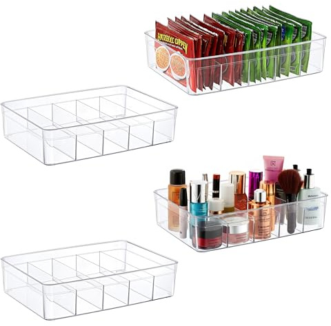 ogoPLUS 4 Stück Kühlschrank Organizer Größe L mit 5 Fächern – BPA-freie Aufbewahrungsbox für Snacks, Teebeutel & Gewürze – stapelbares Kühlschrank Ordnungssystem